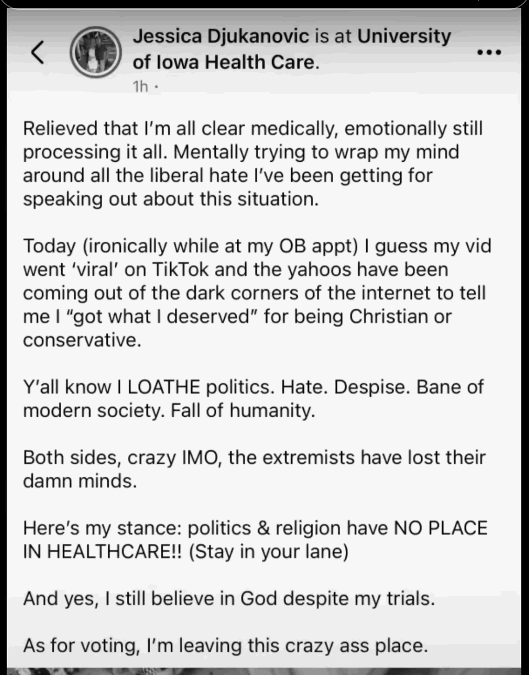 screenshot del post di Jessica