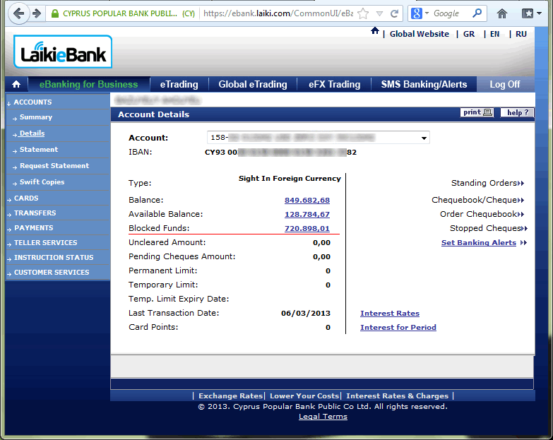 Banca cipriota: conto corrente